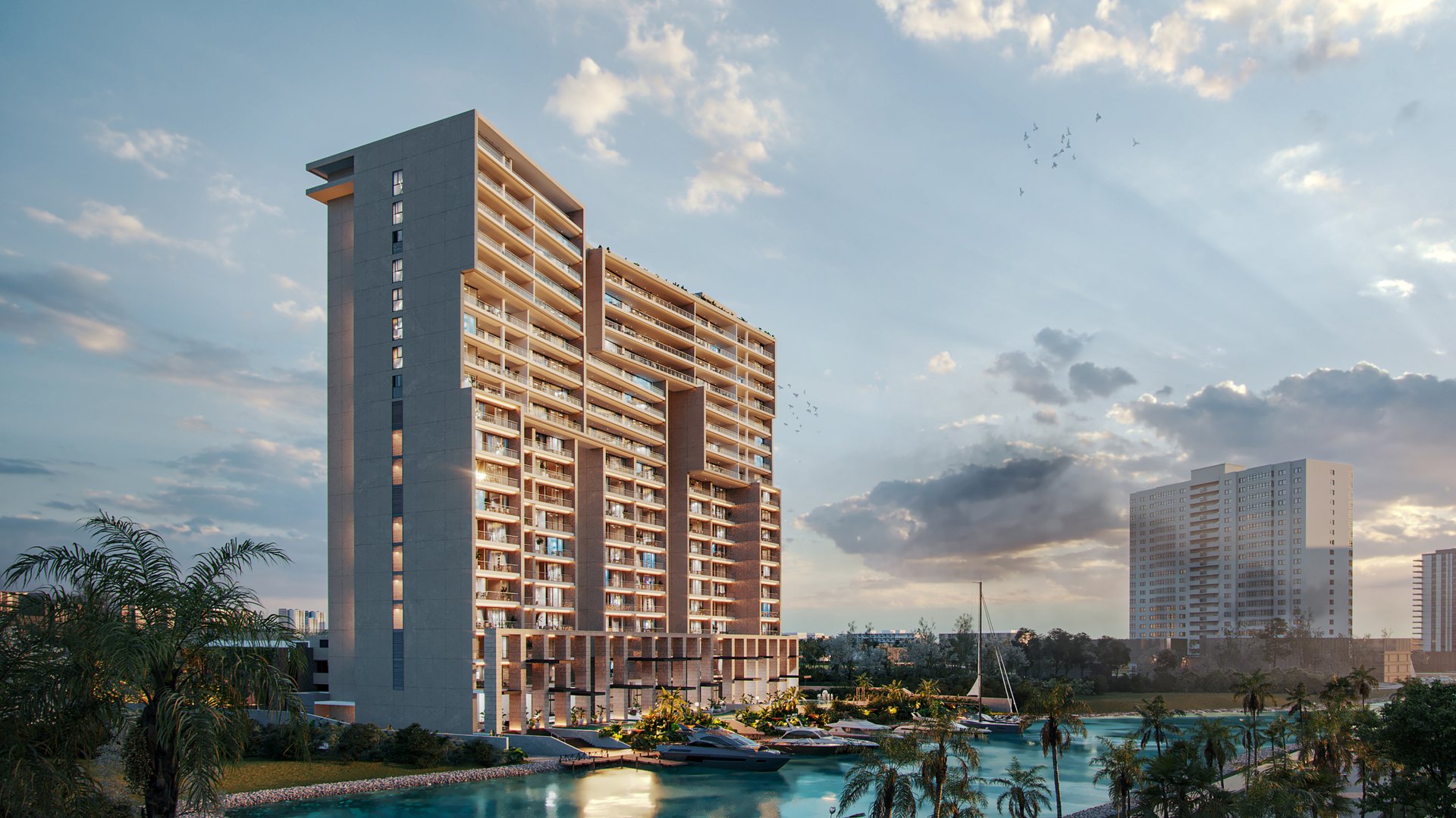 Blas, en Puerto Cancún, diseñado por Arkham Projects: las torres escalonadas frente al canal, al atardecer