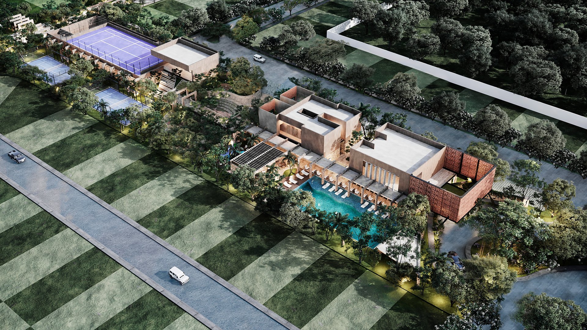 Tierra Madre, master plan en Playa del Carmen diseñado por Arkham Projects: render aéreo del cuerpo de amenidades y las canchas entre la vegetación del terreno